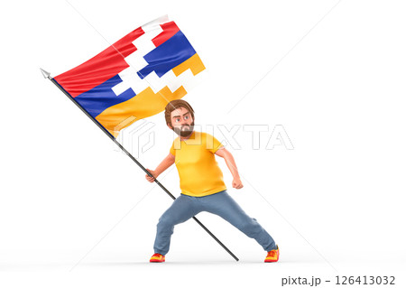 3d illustration of a cartoon man proudly holding the flag of Artsakh, symbolizing patriotism and national pride. 3D Rendering 126413032