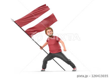 Cartoon character gripping waving Latvian flag. 3D Rendering 126413035