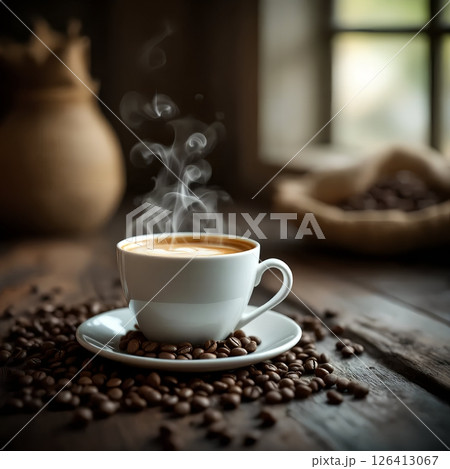 Coffee Beans and Coffee Cups on Wooden Background. Cafe and Beverage Photography Coffee Beans and Coffee Cups on Wooden Background. Cafe and Beverage Photography 126413067