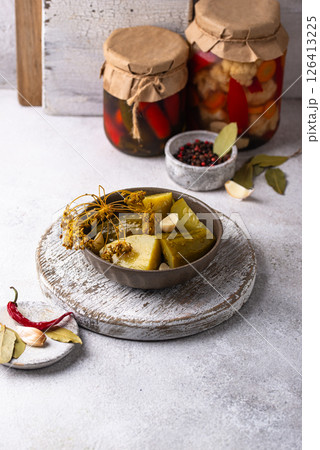 Bowl of pickled marinated cucumbers Bowl of pickled marinated cucumbers 126413225