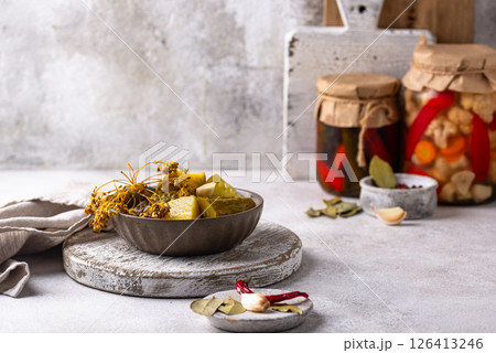 Bowl of pickled marinated cucumbers Bowl of pickled marinated cucumbers 126413246