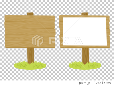 Set of light brown wooden square signboards and grass illustrations Set of light brown wooden square signboards and grass illustrations 126413269