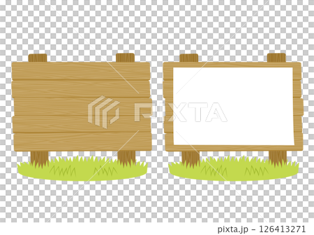 淡い茶色の木製の四角い看板と草のイラストのセット_棒2本 126413271