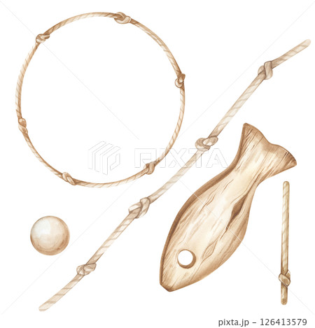 A mini set with a knotted jute rope, and a wooden fish and a ball on a white background. Watercolor illustration in monochrome. A marine-style design clipart. Isolated. Textures. 126413579