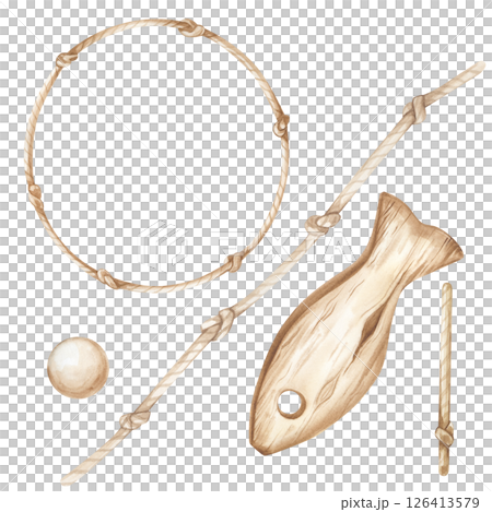 A mini set with a knotted jute rope, and a wooden fish and a ball on a white background. Watercolor illustration in monochrome. A marine-style design clipart. Isolated. Textures. 126413579