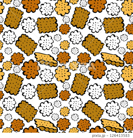 Appetizing cookies, crackers, biscuit pastries, seamless pattern in cartoon style. Frame with baking elements, ruddy buns. 126413583