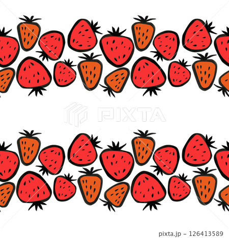 Juicy strawberries and watermelon, large berries on a white background in a cartoon style, a seamless pattern. Juicy strawberries and watermelon, large berries on a white background in a cartoon style, a seamless pattern. 126413589