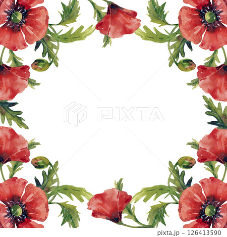 Watercolor poppy flowers in a luxurious frame. Can be used as invitation, fabric, wallpaper, wrapping. Watercolor poppy flowers in a luxurious frame. Can be used as invitation, fabric, wallpaper, wrapping. 126413590