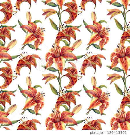 Illustrations of flowers: yellow hibiscus and orange lily. Seamless pattern. Floral watercolor illustrations. 126413591