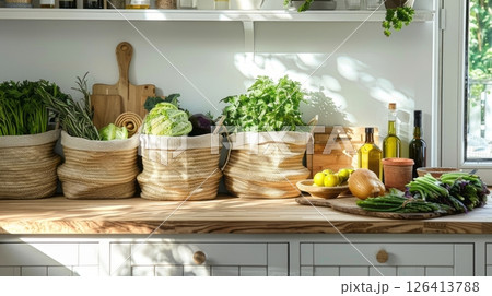 Eco kitchen with fresh produce and herbs Eco kitchen with fresh produce and herbs 126413788