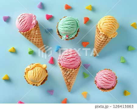 Colorful Ice Cream Cones With Candy Top View Colorful Ice Cream Cones With Candy Top View 126413863