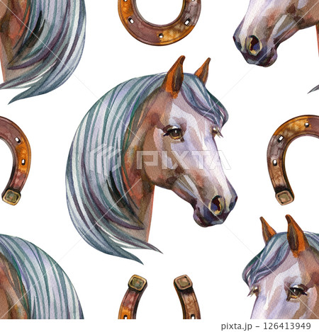 Seamless pattern, cute watercolor horses hand drawn digital paper 126413949