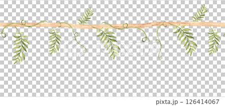 Seamless border Liana branch with tropical leaves. Horizontal pattern. Hand drawn Watercolor illustration of Jungle plants. Can be used for textile and wallpaper design. Seamless border Liana branch with tropical leaves. Horizontal pattern. Hand drawn Watercolor illustration of Jungle plants. Can be used for textile and wallpaper design. 126414067