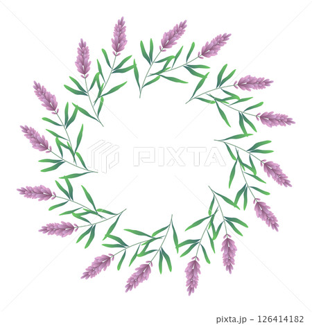 Green round frame with decorative foliage and flowers lavender. Abstract botanical illustration ideal for banners, greeting cards, and invitations. Vector artwork 126414182