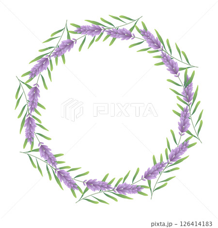 Circular botanical frame featuring lush green leaves and flowers lavender. Abstract plant illustration perfect for banners, cards, and invitations. Vector design Circular botanical frame featuring lush green leaves and flowers lavender. Abstract plant illustration perfect for banners, cards, and invitations. Vector design 126414183