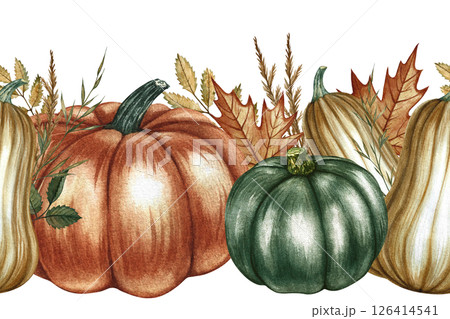 Seamless autumn border with pumpkins and floral elements. Handmade watercolor illustrations in yellow and orange colors. For packaging, textiles, printing, wrapping paper, home decor and more. Seamless autumn border with pumpkins and floral elements. Handmade watercolor illustrations in yellow and orange colors. For packaging, textiles, printing, wrapping paper, home decor and more. 126414541