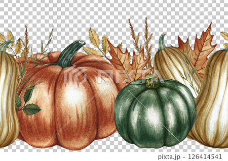 Seamless autumn border with pumpkins and floral elements. Handmade watercolor illustrations in yellow and orange colors. For packaging, textiles, printing, wrapping paper, home decor and more. Seamless autumn border with pumpkins and floral elements. Handmade watercolor illustrations in yellow and orange colors. For packaging, textiles, printing, wrapping paper, home decor and more. 126414541