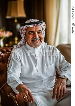Arab man, around 50 years old, wearing white clothing and smiling. 126414556