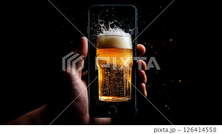 Hand holding a glass of beer emerging from an phone screen. 126414558