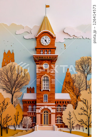 Paper-cut style illustration of the Water Tower. 126414573