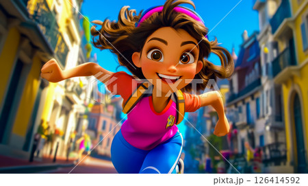 Cartoon girl in colorful sportswear running along a lively street, smiling brightly and looking directly at the camera. 126414592