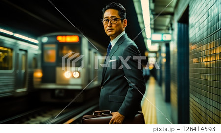 Japanese businessman standing at a subway platform, dressed in a sleek suit with a tie, holding a briefcase. 126414593