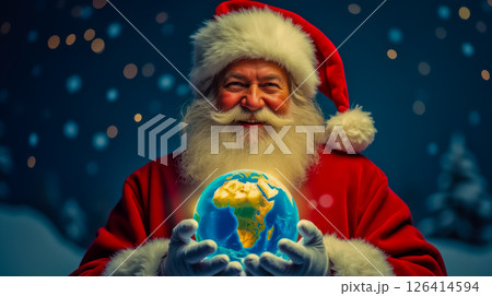 Santa Claus holding a globe in his hand 126414594