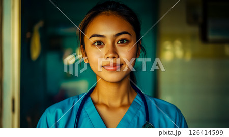 Portrait of a 23-year-old Filipino female nurse, wearing blue scrubs and a stethoscope. 126414599