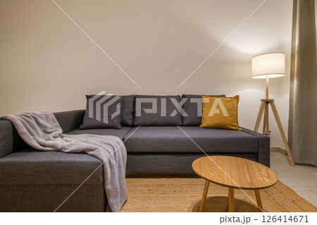 Cozy corner view of living room with gray sectional sofa, blanket and warm floor lamp beside window Cozy corner view of living room with gray sectional sofa, blanket and warm floor lamp beside window 126414671