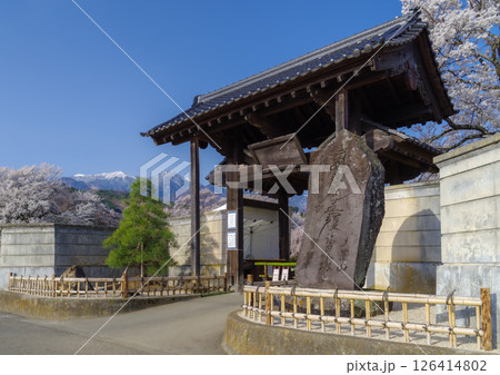 Traditional Gate and Engraved Stone at Temple in Yamanashi Japan and Cherry Blossoms and Mountain Backdrop 126414802