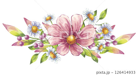 Watercolor blooming flower banner. Pink cosmos, white daisy chamomile, berries, green leaves. Floral botanical drawing. Hand drawn illustration isolated background. Wedding invitation, save the date Watercolor blooming flower banner. Pink cosmos, white daisy chamomile, berries, green leaves. Floral botanical drawing. Hand drawn illustration isolated background. Wedding invitation, save the date 126414933