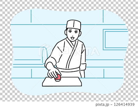 Male chef at the counter in a sushi restaurant Male chef at the counter in a sushi restaurant 126414939