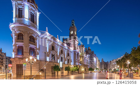 Valencia City Hall or Ajuntament de Valencia day to night timelapse hyperlapse in Plaza de Ayuntamiento. Spain 126415058