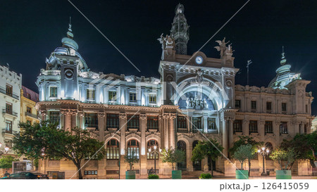 Historic Post Office in Valencia night timelapse hyperlapse at City Hall Square. Spain 126415059