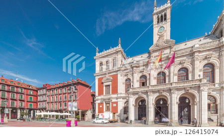 Town hall facade with flags in Plaza Mayor, Valladolid, Spain 126415074