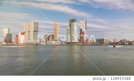 Panorama showing Rotterdam skyline timelapse from Nieuwe Maas River. Netherlands 126415168