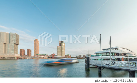 Panorama showing Rotterdam skyline timelapse from Nieuwe Maas River. Netherlands 126415169