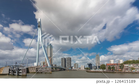 Erasmus Bridge timelapse hyperlapse, spanning the Maas River in Rotterdam, Netherlands Erasmus Bridge timelapse hyperlapse, spanning the Maas River in Rotterdam, Netherlands 126415189