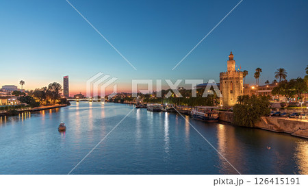 Guadalquivir River near Torre del Oro day to night timelapse in Seville, Spain 126415191