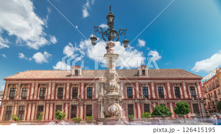 Archbishop Palace of Seville and Fuente Farola Fountain on Plaza de Virgen de los Reyes timelapse 126415195