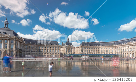 Place de la Bourse and Miroir d'eau timelapse hyperlapse in Bordeaux, France, reflecting historic architecture 126415205