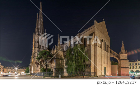 Cathedrale Saint-Andre de Bordeaux night timelapse hyperlapse with twin spires. France 126415217