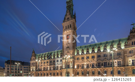 Building of the Hamburg City Hall day to night timelapse hyperlapse, the seat of the government of Hamburg, Germany 126415265