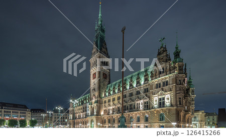 Building of the Hamburg City Hall night timelapse hyperlapse, the seat of the government of Hamburg, Germany 126415266
