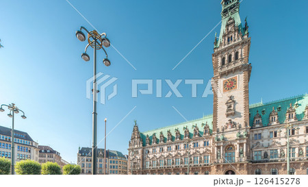 Panorama showing a building of the Hamburg City Hall timelapse, the seat of the government of Hamburg, Germany 126415278