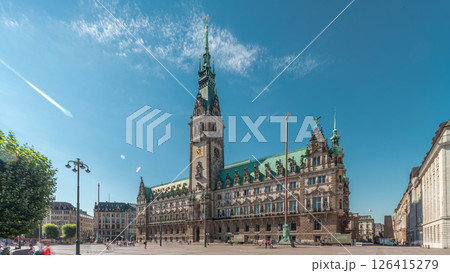 Panorama showing a building of the Hamburg City Hall timelapse, the seat of the government of Hamburg, Germany 126415279