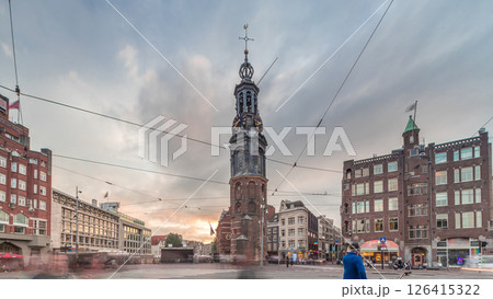 Munttoren tower and flowers market. Panoramic timelapse hyperlapse of Amsterdam city center. Netherlands 126415322