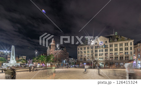 The Dam square in Amsterdam night timelapse hyperlapse, The Netherlands. 126415324