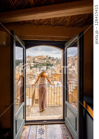Balcony view over historic Sicilian town 126415415