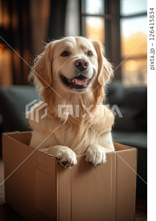 Happy Golden Retriever Relaxing in a Cozy Cardboard Box Indoors 126415834